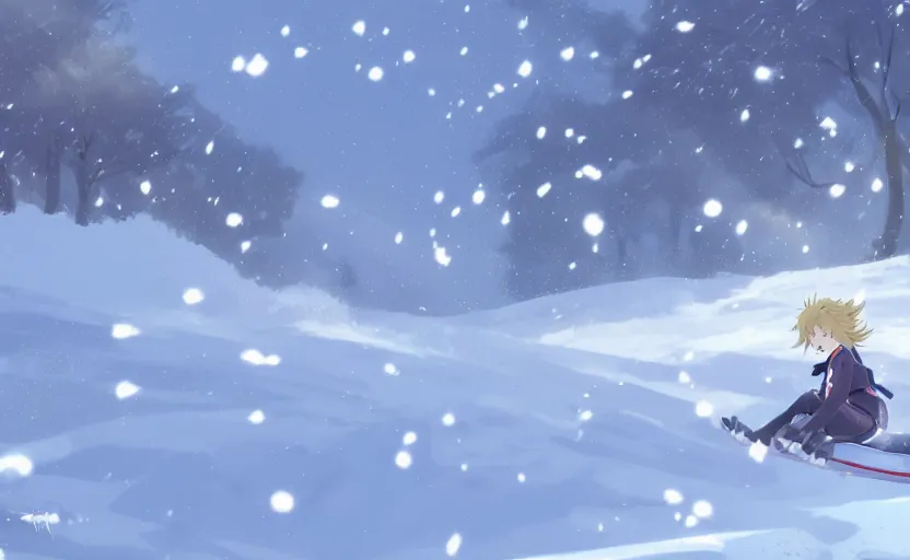 Image similar to An anime girl tobogganing down a hill, the snow flying around her, anime scene by Makoto Shinkai, digital art