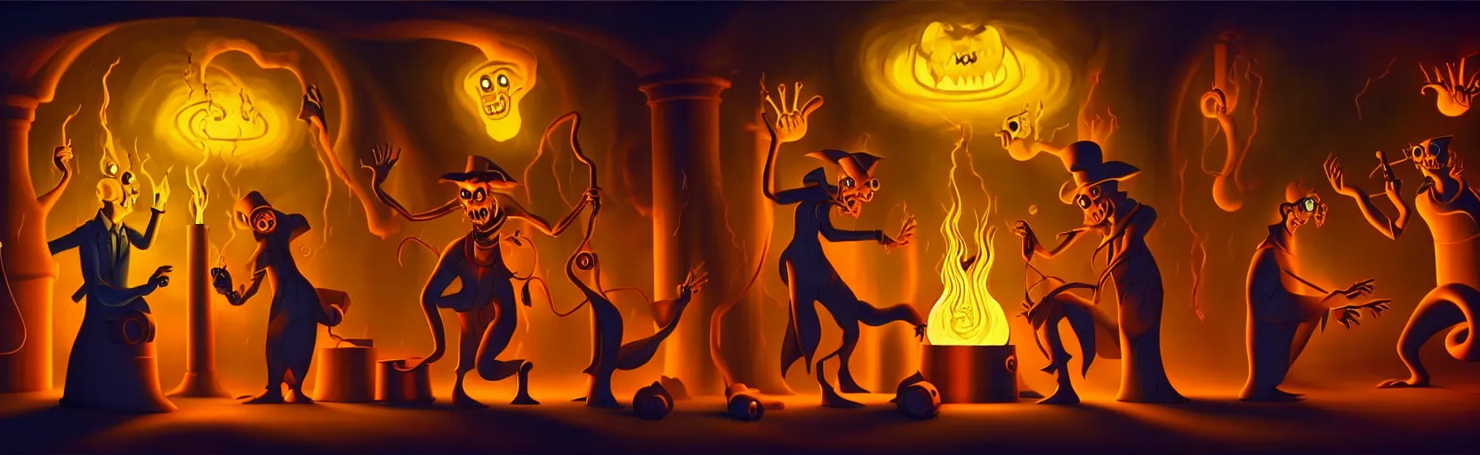 Image similar to uncanny alchemist monsters in a fiery alchemical lab, dramatic lighting, surreal 1 9 3 0 s fleischer cartoon characters, surreal painting by ronny khalil