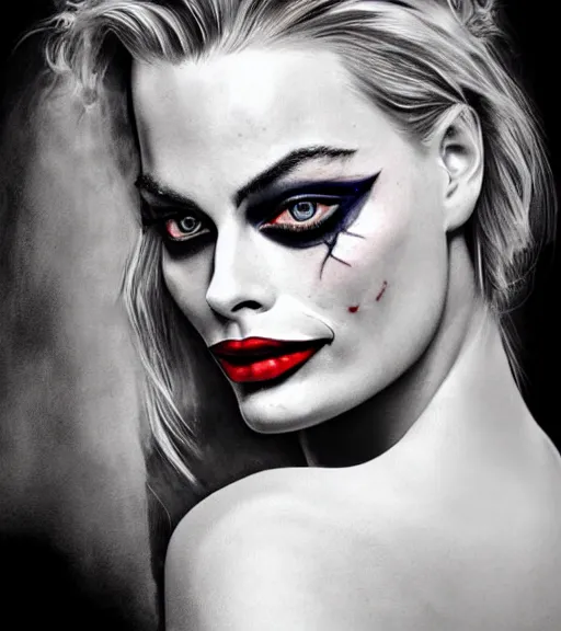 Image similar to tattoo design sketch of beautiful margot robbie portrait with joker makeup, in the style of den yakovlev, realistic face, black and white, faded edges, realism tattoo, hyper realistic, highly detailed