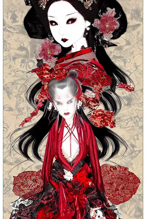 Image similar to avant - garde japanese bjd geisha vampire queen in victorian red dress in the style of dark - fantasy lolita fashion painted by yoshitaka amano, takato yamamoto, james jean, dmt art, symmetrical vogue face portrait, volumetrics, intricate detail, artstation, cgsociety, artgerm, gold skulls, rococo