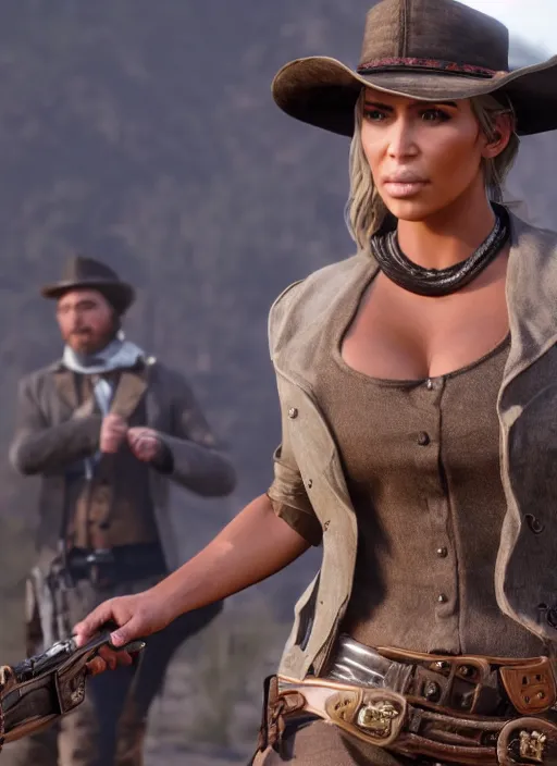 Image similar to film still of kim kardashian as Sadie Adler in rdr2.