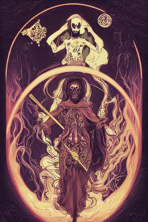 Prompt: grim reaper, hourglass, ornate tarot card on black paper with moon frame, vibrant color with gold speckles, in style of alfons mucha and peter mohrbacher and michelangelo, horror art, trendy on artstation