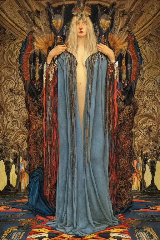 Image similar to portrait of the queen of crows, by Donato Giancola and John Bauer and John William Godward and Vermeer, embroidered velvet, iridescent beetles, rich color, ornate headdress, flowing robes, lost runes, ancient civilizations,featured on Artstation, cgisociety, unreal engine, extremely detailed