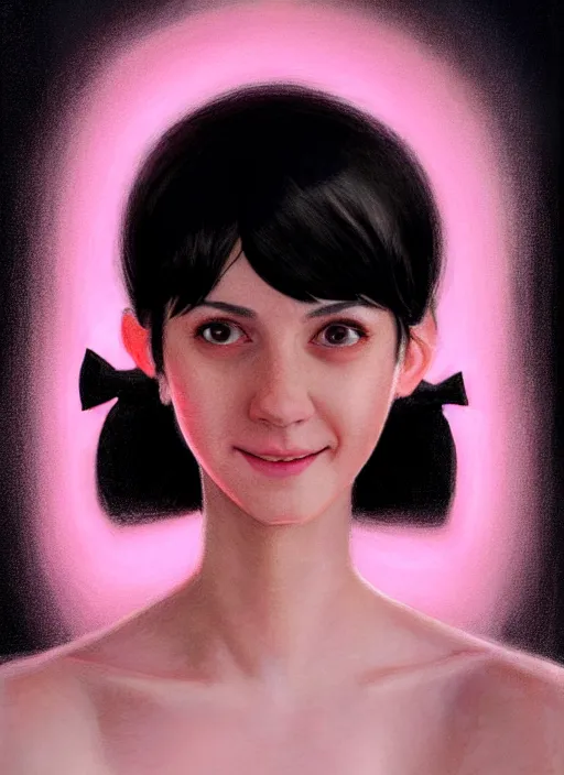 Image similar to portrait of teenage girl, realistic, black hair, bangs, half updo hairstyle, pointy nose, skinny, smile, ugly, defined jawline, big chin, pink hair bow, earrings, intricate, elegant, glowing lights, highly detailed, digital painting, artstation, sharp focus, illustration, art by wlop, mars ravelo and greg rutkowski