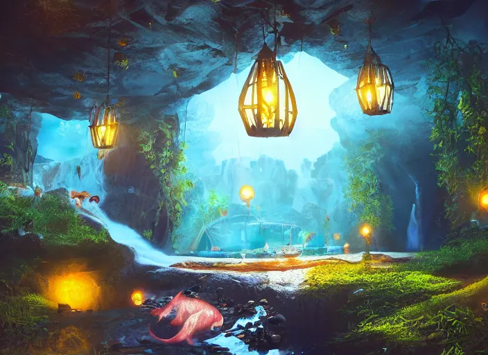 Image similar to magical mine illustration. fantasy, dramatic lighting, 8 k, sharp focus, global illumination, unreal engine, detailed and intricate environment, koi pond