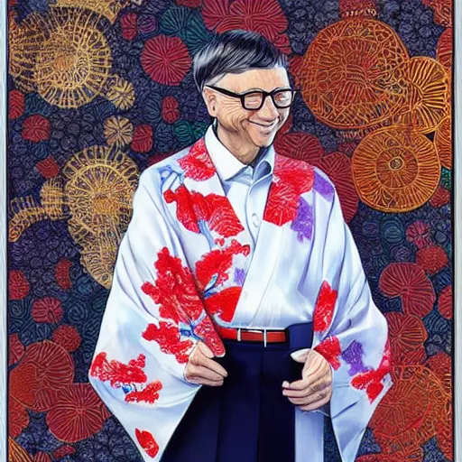 Image similar to Bill gates wearing a kimono, drawn in the style of Konstantin Razumov, Stanley Artgerm Lau and Rossdraws, extremely detailed, fractal frame