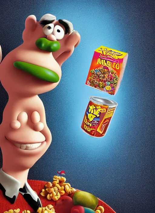 Prompt: a cereal box with a trippy surrealist mark ruffalo portrait with flying sausages by aardman animation and Caravaggio