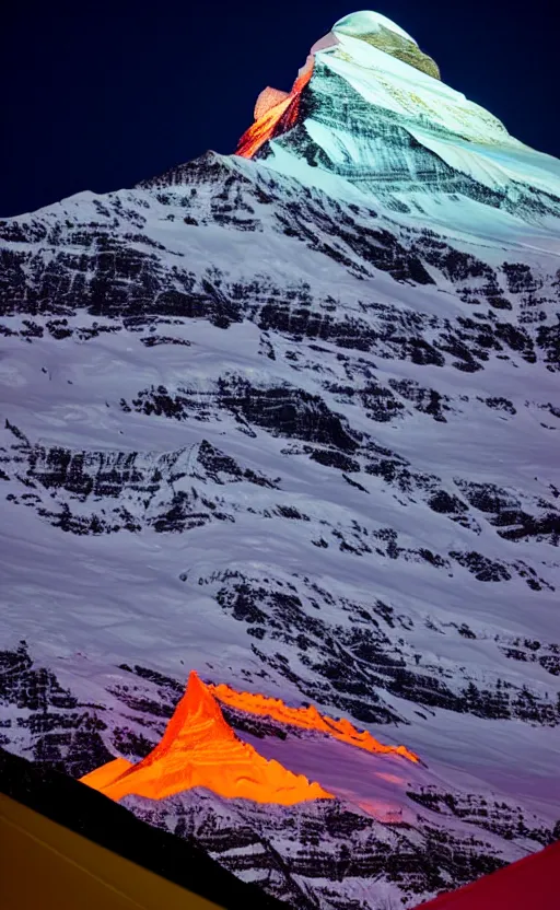 Prompt: a photo at nighttime of a powerful llumination of the matterhorn in the colors of indian flag, orange top, white middle, green base. projected illuminated on the matterhorn mountain at night