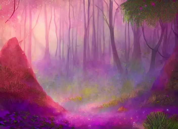 Prompt: ethereal crystals in a fantasy forest, digital painting