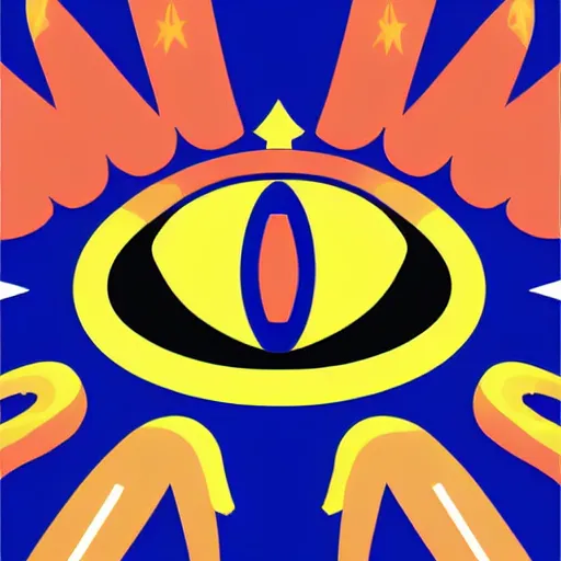 Image similar to a glowing colorful minimal elegant crown sitting on a table with one large beautiful eye on top of it like a jewel, stars on top of the crown, night time, vast cosmos, geometric light rays exploding outwards into stars, bold black lines, flat colors, minimal psychedelic 1 9 5 0 s poster illustration