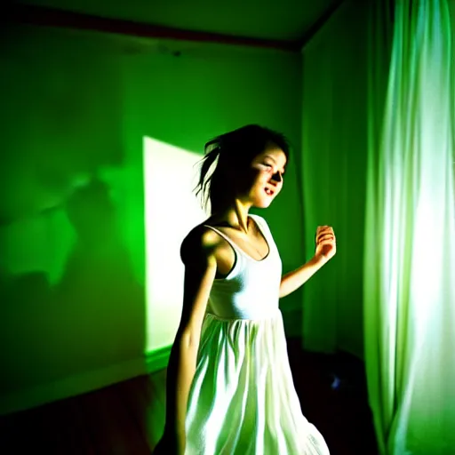 Image similar to cute girl wearing white dancing joyfully in her bedroom at night, dark green atmospheric lighting, elegant, highly detailed, heavy grain, sharp focus, depth of field, radiant light, 8 k, hdr, beautiful composition, photographed by steve mccurry