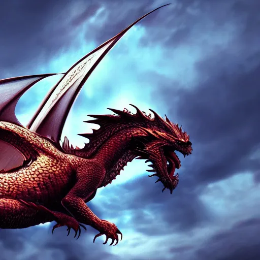Image similar to Dragon wallpaper, 8k, digital art, hyperrealistic, single dragon flying, detailed