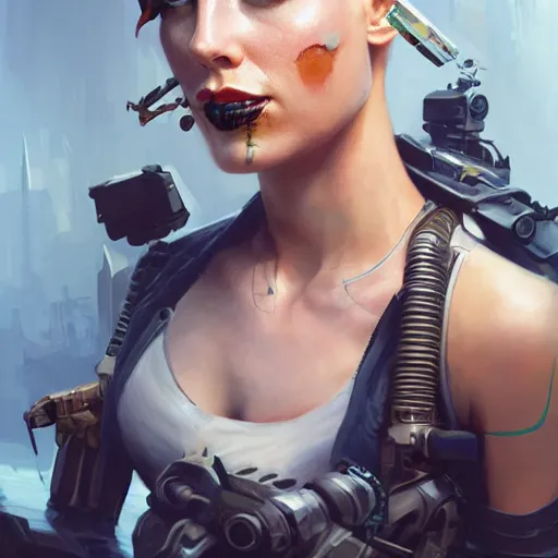 Image similar to tank girl, highly detailed, half human / cyborg, power implants, full body transmogrify, beautiful, mesmerising, look of desire, loving stare, digital painting, trending on artstation, concept art, 4 k, sharp focus, illustration, art by greg rutkowski and magali villeneuve