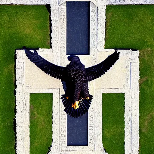 Image similar to “eagle flying over Normandy American Cemetery and Memorial, cinematic, 4k, digital art, award winning, top view”