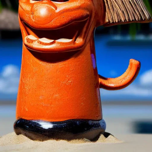 Image similar to a closeup photorealistic photograph of a glossy orange cat garfield style tiki mug sitting at a trader vic's beach bar featuring garfield's face. tiki theme. bright scene. fine detail. this 4 k hd image is trending on artstation, featured on behance, well - rendered, extra crisp, features intricate detail, epic composition and the style of unreal engine.