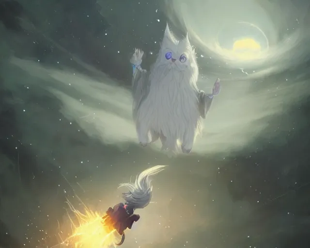 Image similar to one cartoonish kitty dressed as Gandalf floating alone in space, bright stars, anime, a fantasy digital painting by Greg Rutkowski and James Gurney, trending on Artstation, highly detailed