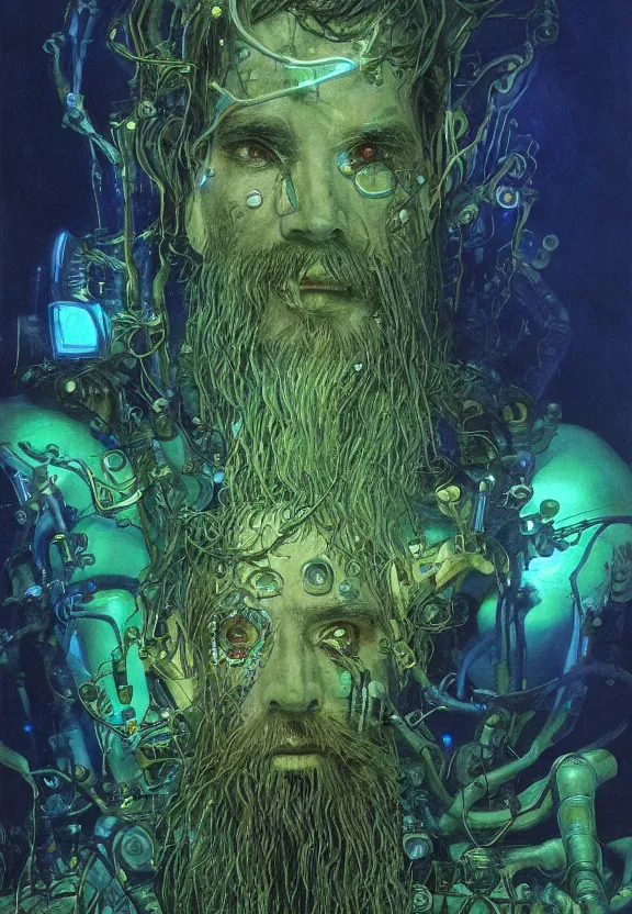 Prompt: ( underwater ) middle length portrait of a glowing cyborg leshy, cinematic light, looking to the side off camera, backlight glow, green gold, mist, by mikhail vrubel, by philippe druillet, by peter elson, by gerald brom, muted colors, extreme detail, trending on artstation, 8 k