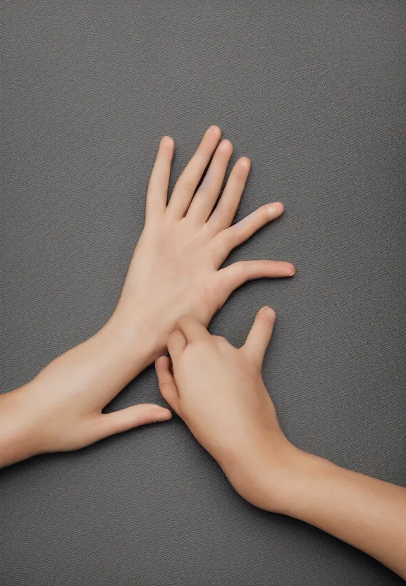 Image similar to a photo of one ultra detailed photorealistic woman's hand with cupped palm up, back of hand on the table, palm pattern visible, instagram photo, studio photo, 9 0 mm, f / 1. 4