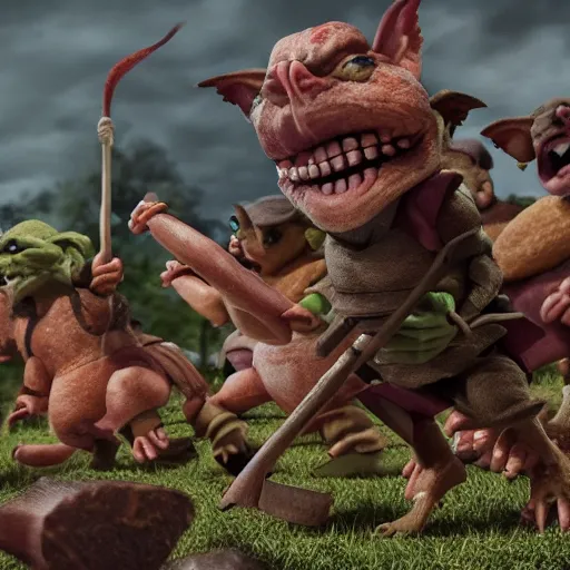 Prompt: A man wielding a ham fighting goblins, 4k HDR