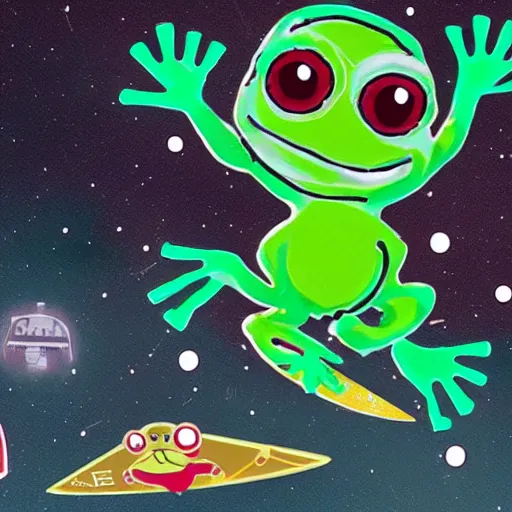 Prompt: skateboarding frog evading the space police in the style of no man's sky