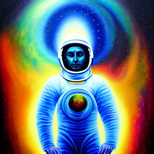 Image similar to transcendent sacred spaceman on a journey above earth, astral spirit space journey in oil painting, ayahuasca, trending on artstation, award winning, emotional, highly detailed ethereal surrealist art