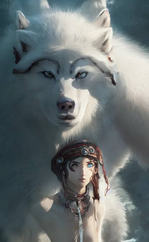 Prompt: Princess Mononoke, standing next to Moro the white wolf, close up portrait by loish and WLOP, octane render, dynamic lighting, highly detailed, sharp focus, asymmetrical portrait, dark fantasy, trending on ArtStation