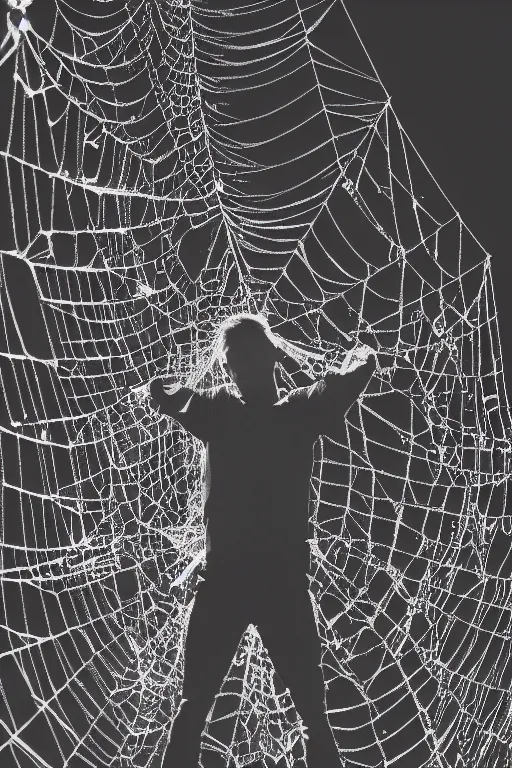 Image similar to cosmic horror photograph of a human caught in a giant spider web.