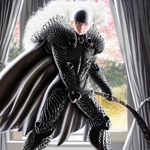 Image similar to a person cosplaying griffith from berserk manga by kentaro miura sitting at his white house oval office desk