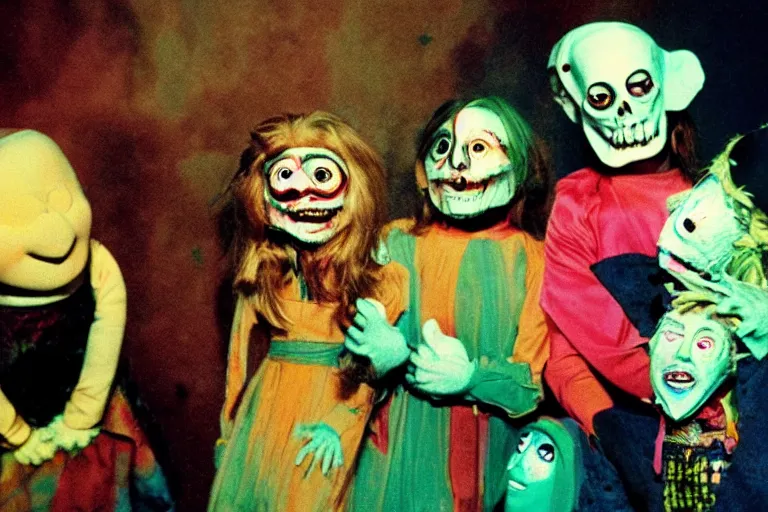 Prompt: a glitchy color still from a horrific live action 1 9 7 3 kids show about death, puppets, ghost, grunge, horror, despair, broken