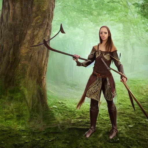 Prompt: anya charlota as a medieval fantasy wood elf, dark brown hair tucked behind ears, wearing a green tunic with a fur lined collar and brown leather armor, stocky, muscular build, scar across nose, one black, scaled arm, wielding a battleaxe, cinematic, character art, digital art, forest background, realistic. 4 k