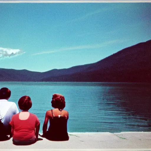 Prompt: color photograph from the sixties of people sitting by a lake in summer looking at a nuclear explosion, faded colors, light leaks