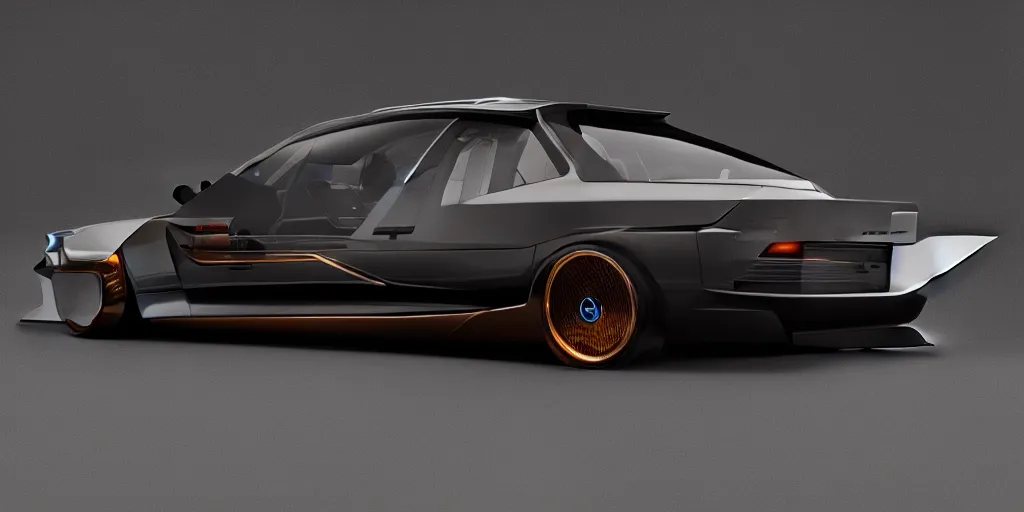 Image similar to a design of a futuristic bmw e30, designed by Polestar, blade runner background, stained antique copper car paint, black windows, sport car, dark show room, dramatic lighting, hyper realistic render, depth of field