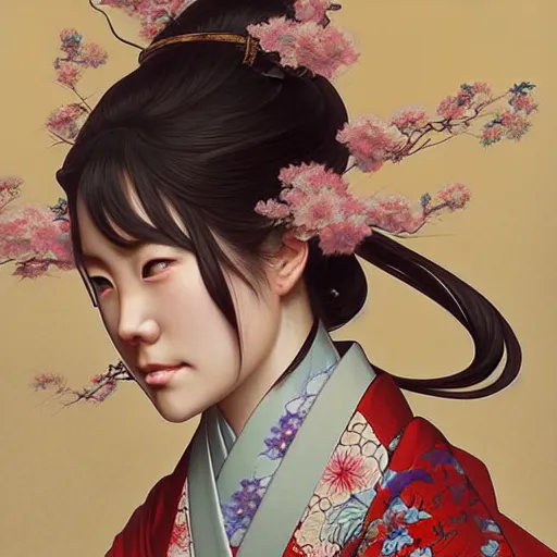 Image similar to A Japanese girl wearing a kimono, D&D, fantasy, intricate, elegant, highly detailed, digital painting, artstation, concept art, matte, sharp focus, illustration, art by Artgerm and Greg Rutkowski and Alphonse Mucha