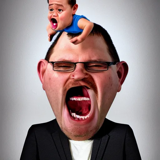 Image similar to Father yelling energetically with a big mouth at his little son who keeps his head down., caricature portrait exaggerated by Sebastian Krüger and Bruno Tesse trending on artstation, hyperdetailed, humor, perfect composition