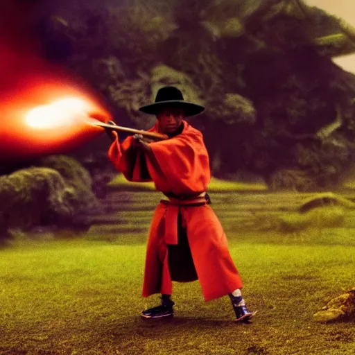 Image similar to cinematic film still Pharrell Williams starring as a Samurai holding fire, Japanese CGI, VFX, 2003, 40mm lens, shallow depth of field,film photography