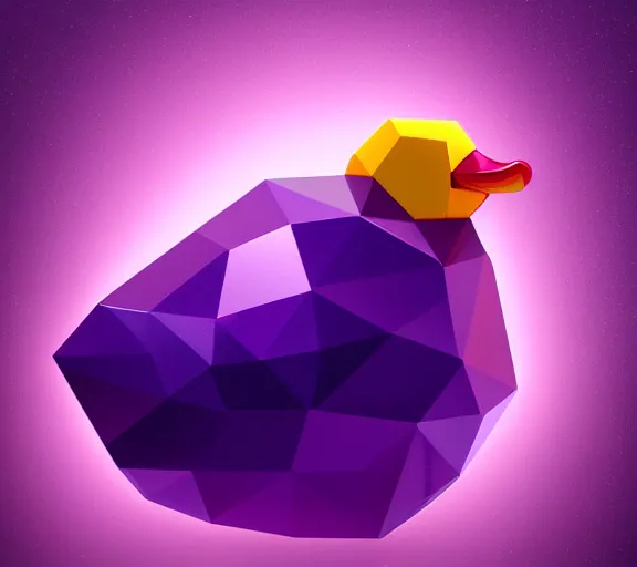 Prompt: shiny gemstone in the shape of a low - poly rubber duck floating in a pool of purple perfume, glistering magic particles, photorealism, mystical, enigmatic, digital oil painting, trending on artstation