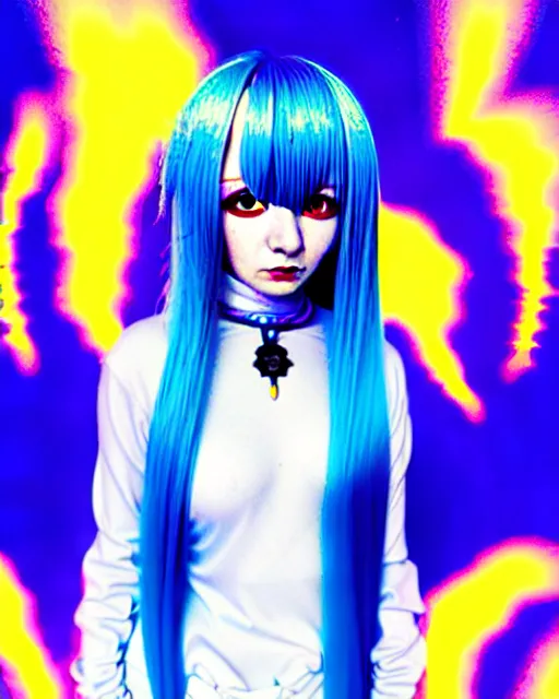 Image similar to a hologram of rimuru tempest, sky blue hair, golden yellow eyes, wearing black stylish clothing, holography, irridescent, baroque visual kei decora art