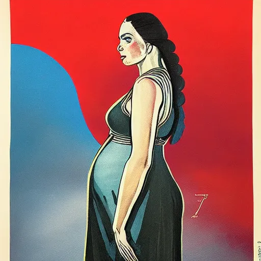 Image similar to a detailed and complex, highly detailed, concept art, soviet propaganda poster depicting a pregnant woman. painting by irakli toidze,