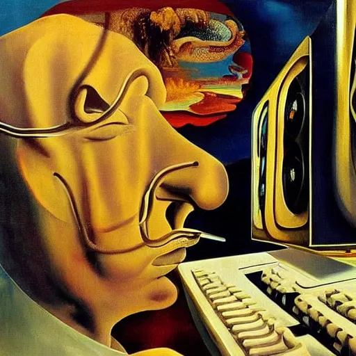 Prompt: a surreal painting of Salvador Dalí using a vintage computer in a vast surreal landscape by Salvador Dalí