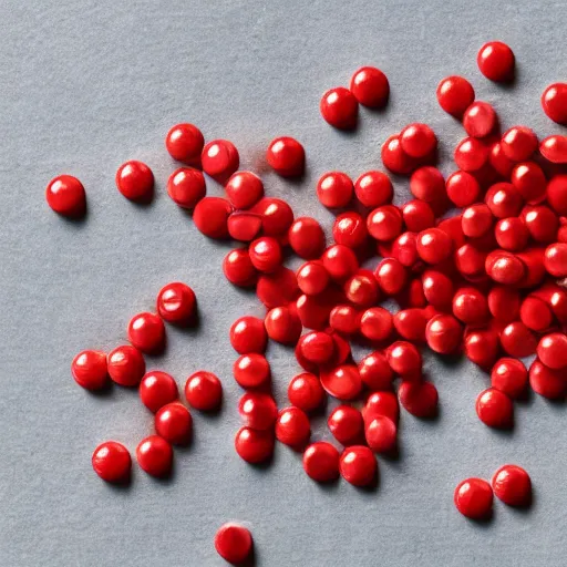 Prompt: a bunch of red and white pills falling out of a torn open bag of skittles on a table - n 4