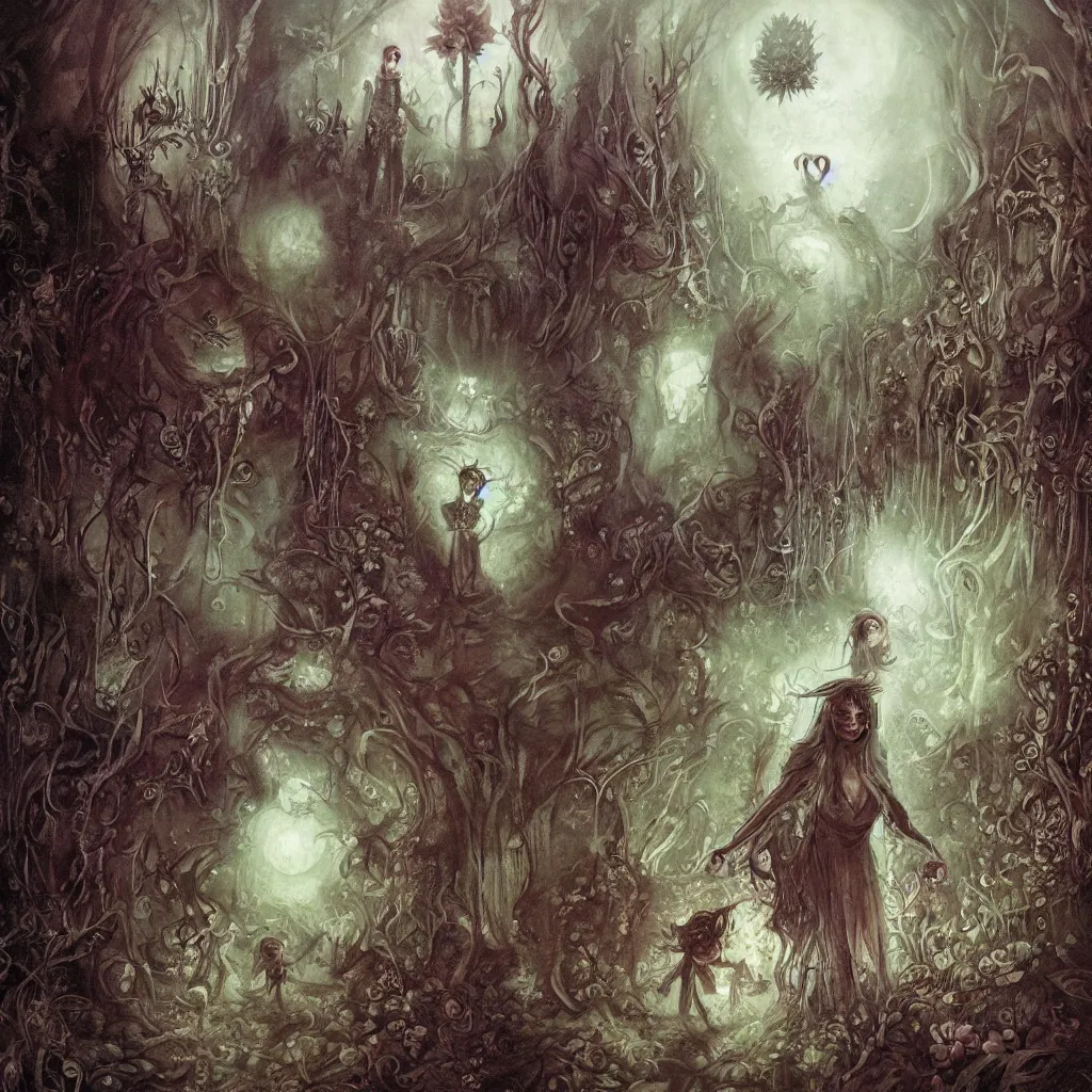 Prompt: a beautiful fantasy storybook illustration by seb mckinnon of the cursed flower garden of hades