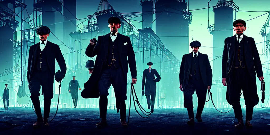 Prompt: Peaky Blinders, in Cyber Punk 2077, reimagined as a cyberpunk dystopia, cinematic backlighting, 4k highly detailed digital art