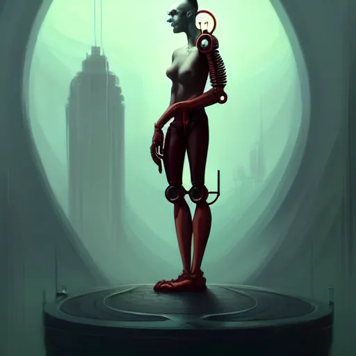 Image similar to by peter mohrbacher, beautiful composition, rule of thirds, full body, normal legs, man standing, with extremely large and intricate haircut with angry red eyes and slim features looking askance, eye cyberpunk bionics, retro futurist style, elegant intricate baroque jewellery, highly detailed, digital painting, artstation, concept art, smooth, sharp focus, illustration,