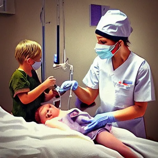 Prompt: “ sensual zonbie nurse treating childs in a hospital, artwork ”