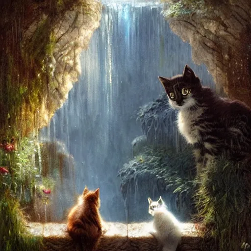 Prompt: two kittens watching the waterfall in the enchanted forest, fantasy, intricate, extremely detailed, face enhance, matte, artstation, art by greg rutkowski, louis wain, alan lee