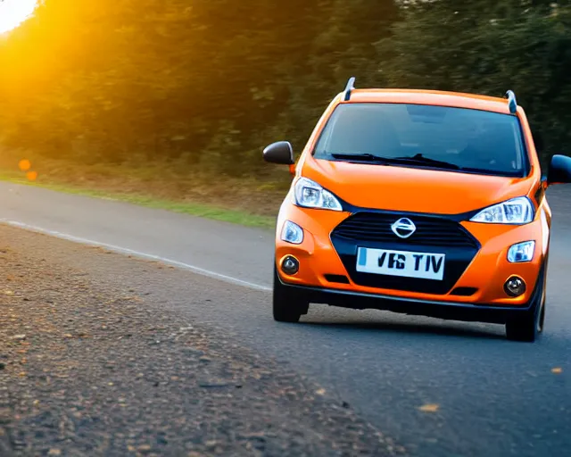 Image similar to border collie dog in the driver's seat of an orange nissan note, paws on wheel, car moving fast, rally driving photo, award winning photo, golden hour, front of car angle, extreme motion blur