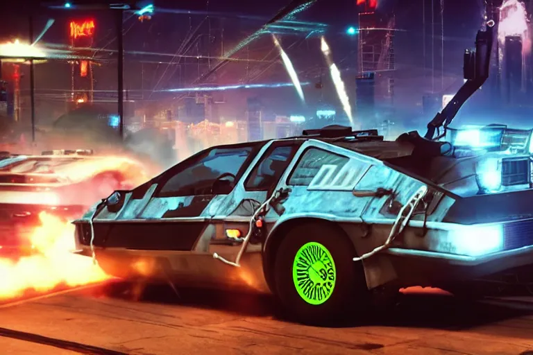 Image similar to photo of the back to the future battle combat machine gun delorean being chased by police on wet cyberpunk city streets at night, rocket league tank, mad max, action, speed, volumetric lighting, hdr, gta 5, syd mead, craig mullins, cinematic, fast and furious, octane, 8 k, iso 1 0 0, 1 2 mm