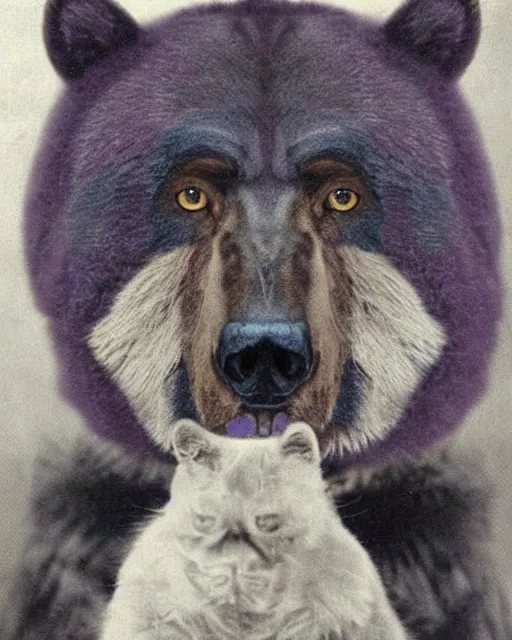 Image similar to a fantastic animal, a mix of a bear and a cat, with purple fur, realistic photo, 1970s