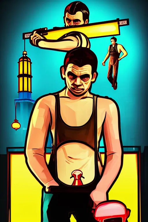 Image similar to boy with singlet and towel on shoulder. grand theft auto chinatown art city, bioshock art style pop art, no duplicate image, glowing lights, ultra details, digital painting, artstation, concept art, smooth, sharp focus, illustration, intecrate details, art by richard hamilton and mimmo rottela, pixels art by paul robertson