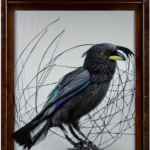 Prompt: a silver feathered partially wireframed jackdaw, with a fine paintbrush in it's beak, creating artwork on canvas, by leesha hannigan, ross tran, thierry doizon, kai carpenter, ignacio fernandez rios